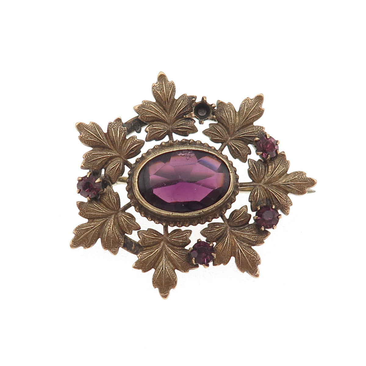 Gold Filled Antique Real Amethyst & Rhinestone Pin Brooch (missing 1 rhinestone)