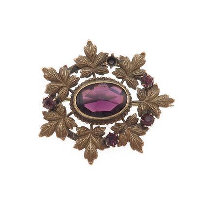 Gold Filled Antique Real Amethyst & Rhinestone Pin Brooch (missing 1 rhinestone)