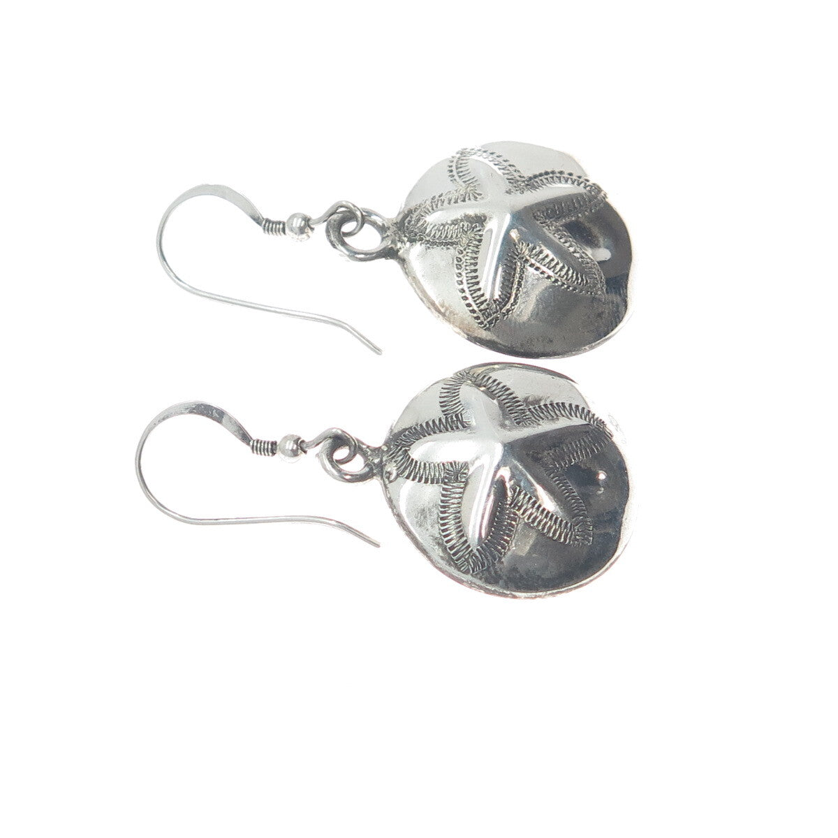 925 Sterling Silver Vintage Mexico Sand Dollar Oxidized Dangle Earrings