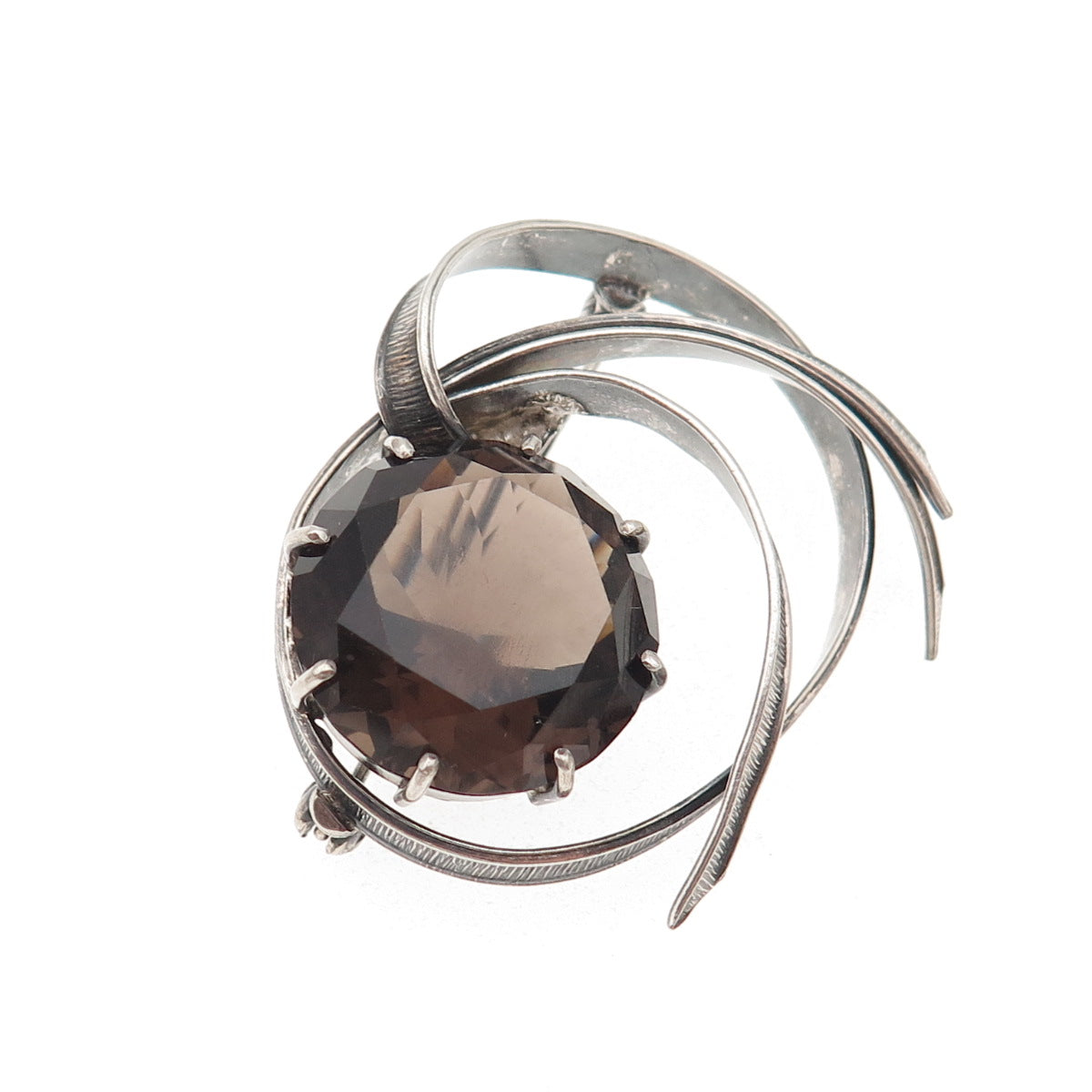 925 Sterling Silver Vintage Real Smoky Quartz Modernist Oxidized Pin Brooch