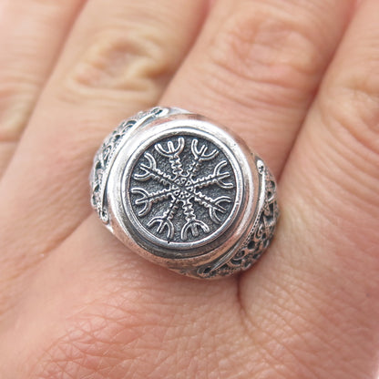 925 Sterling Silver Vintage Helm of Awe Oxidized Signet Ring Size 11