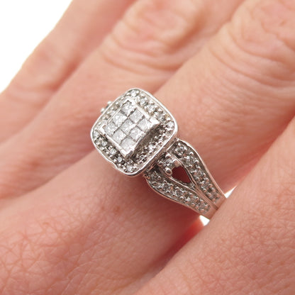 925 Sterling Silver Real Princess & Round-Cut Diamond Promise Ring Size 7