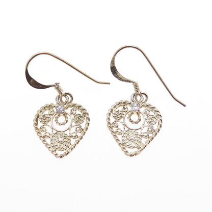 925 Sterling Silver Gold Plated Vintage Round-Cut C Z Heart Dangle Earrings