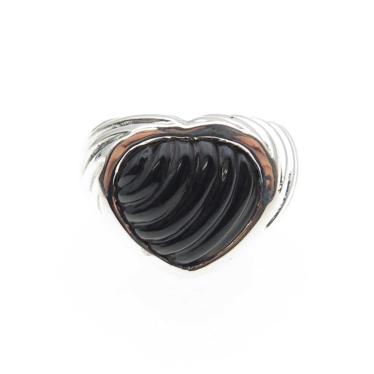 925 Sterling Silver Vintage Real Black Onyx Heart Oxidized Ring Size 6.25