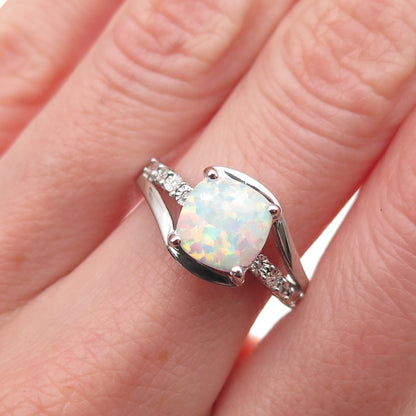 925 Sterling Silver Real Round-Cut Diamond & Cushion-Cut Opal Ring Size 7.25