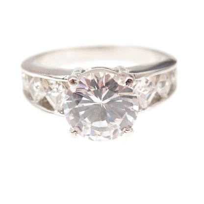925 Sterling Silver Round & Princess-Cut C Z Engagement Ring Size 9