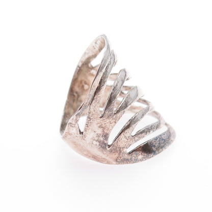 925 Sterling Silver Vintage Modernist Wavy Multi-Row Oxidized Ring Size 6.75