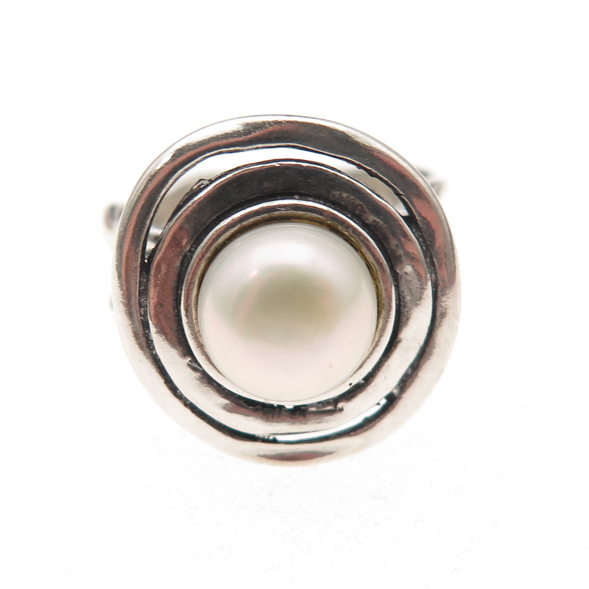 925 Sterling Silver Vintage Real Pearl Modernist Oxidized Ring Size 6