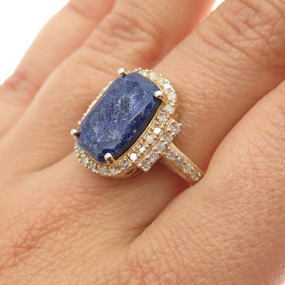 DSMK 925 Sterling Silver Gold Plated Real Diamond & Sapphire Ring Size 7.25