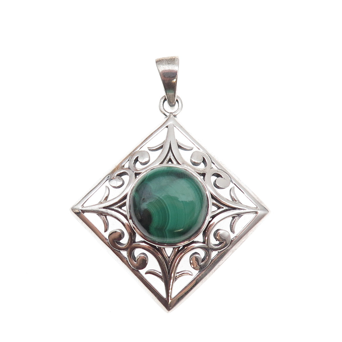 925 Sterling Silver Vintage Real Malachite Floral Oxidized Pendant