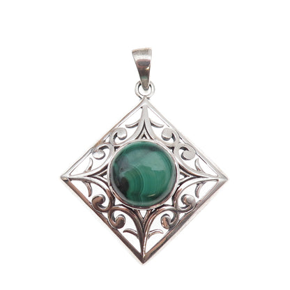 925 Sterling Silver Vintage Real Malachite Floral Oxidized Pendant