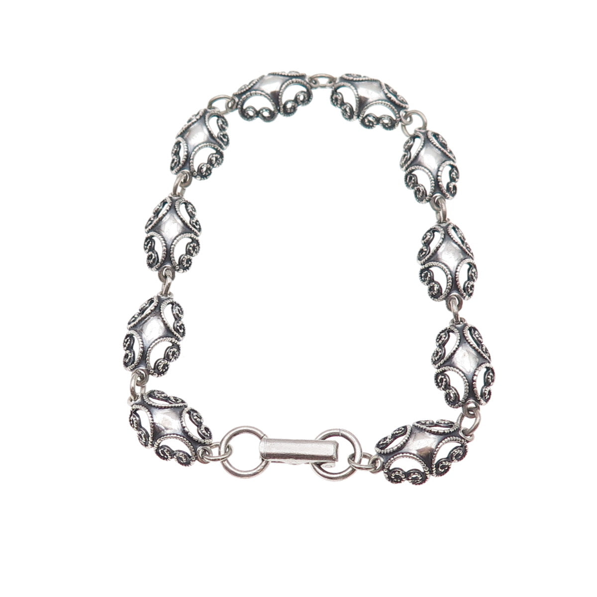Beau 925 Sterling Silver Antique Art Deco Floral Filigree Link Bracelet 7"