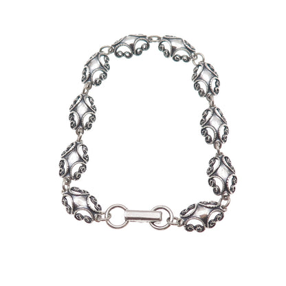 Beau 925 Sterling Silver Antique Art Deco Floral Filigree Link Bracelet 7"