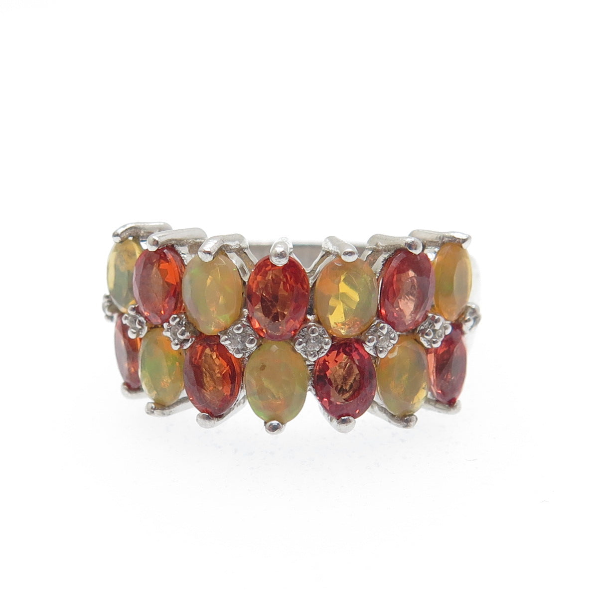 925 Sterling Silver Real Fire Sapphire Opal & White Topaz Cluster Ring Size 6