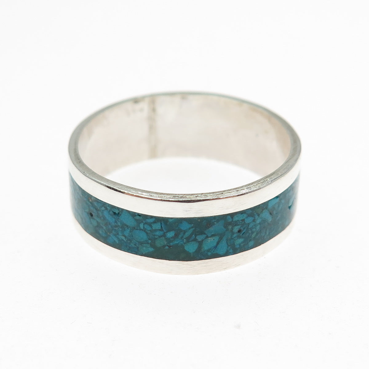 925 Sterling Silver Vintage Mexico Real Turquoise Inlay Band Ring Size 10.25