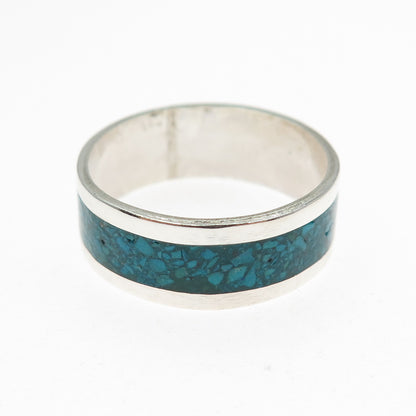 925 Sterling Silver Vintage Mexico Real Turquoise Inlay Band Ring Size 10.25