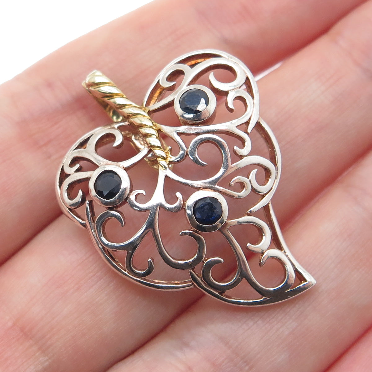 925 Sterling Silver 2-Tone Vintage Real Sapphire Floral Leaf Charm Pendant