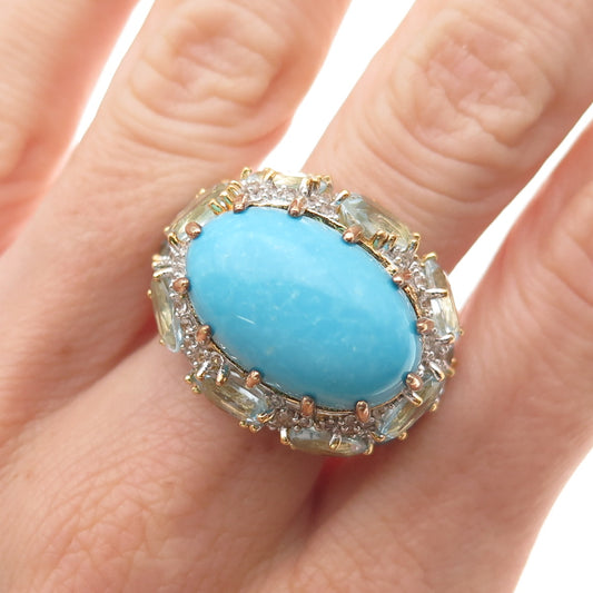 Carol Brodie Sterling Gold Plated Turquoise Blue & White Topaz Ring Size 8.25