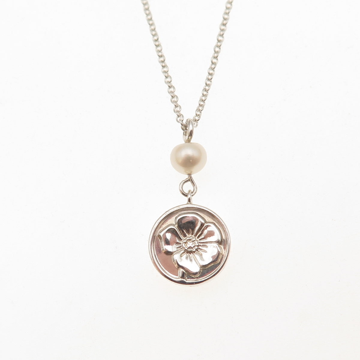 Tiffany & Co. 925 Sterling Silver Vintage Real Pearl Hibiscus Motif Necklace 16"