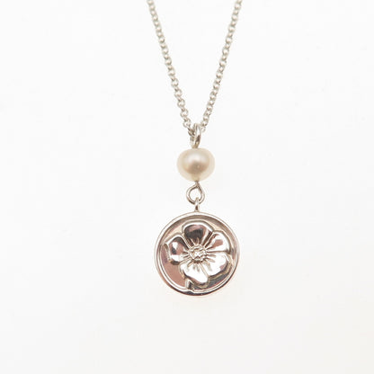 Tiffany & Co. 925 Sterling Silver Vintage Real Pearl Hibiscus Motif Necklace 16"