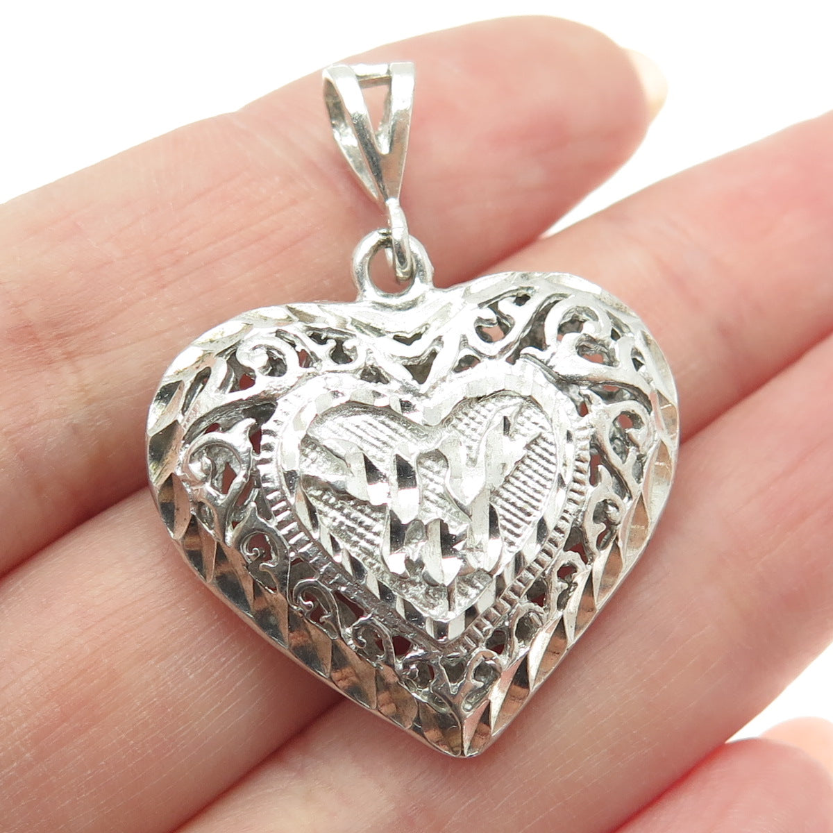 CHAPAL ZENRAY 925 Sterling Silver Vintage Diamond-Cut Puffy Ornate Heart Pendant