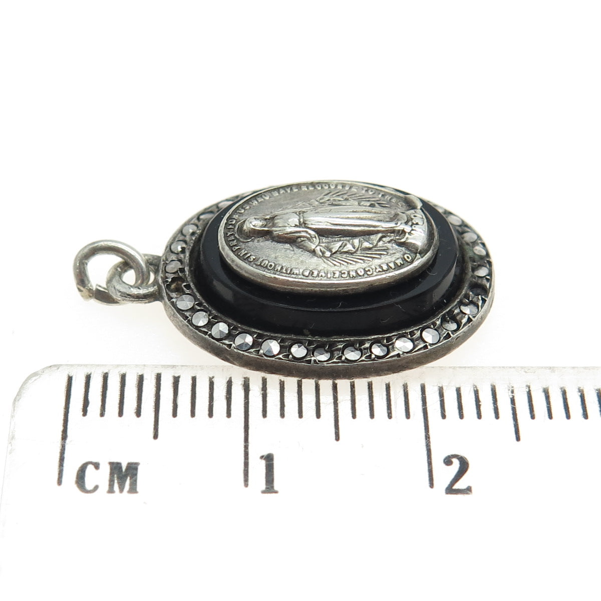 925 Sterling Silver Antique Black Onyx Marcasite Gem St. Mary Religious Pendant