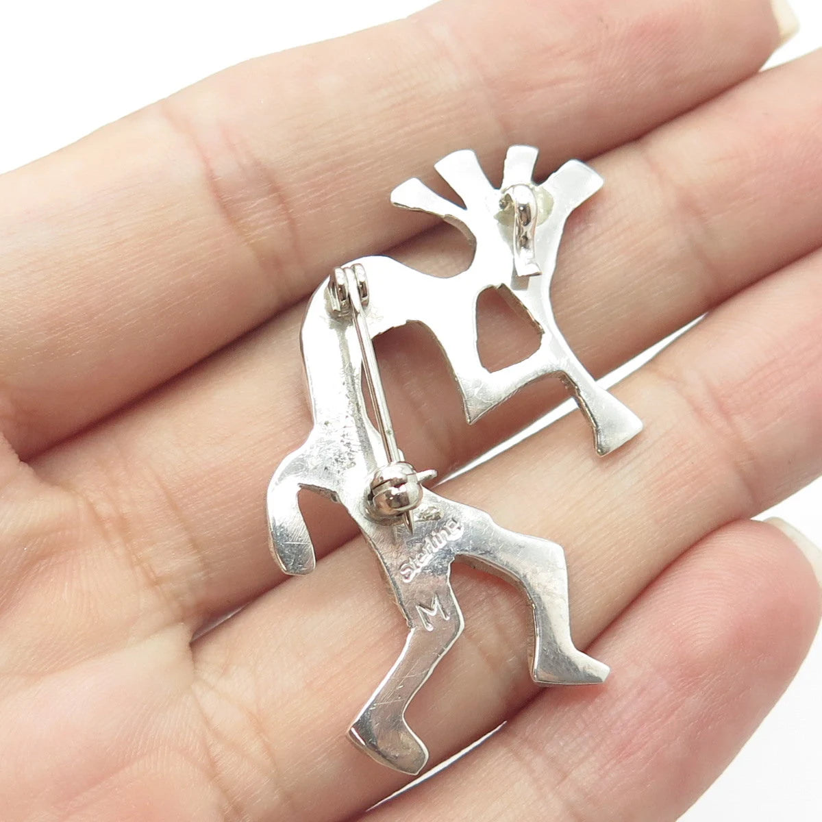 925 Sterling Silver Vintage ARNOLD MALONEY Kokopelli Onyx & Oyster Shell Brooch