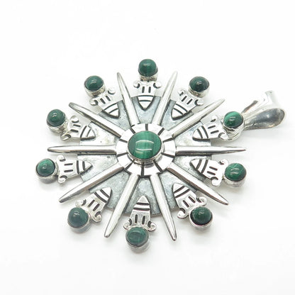 925 Sterling Silver Vintage Mexico Real Malachite Fortune Wheel Pendant