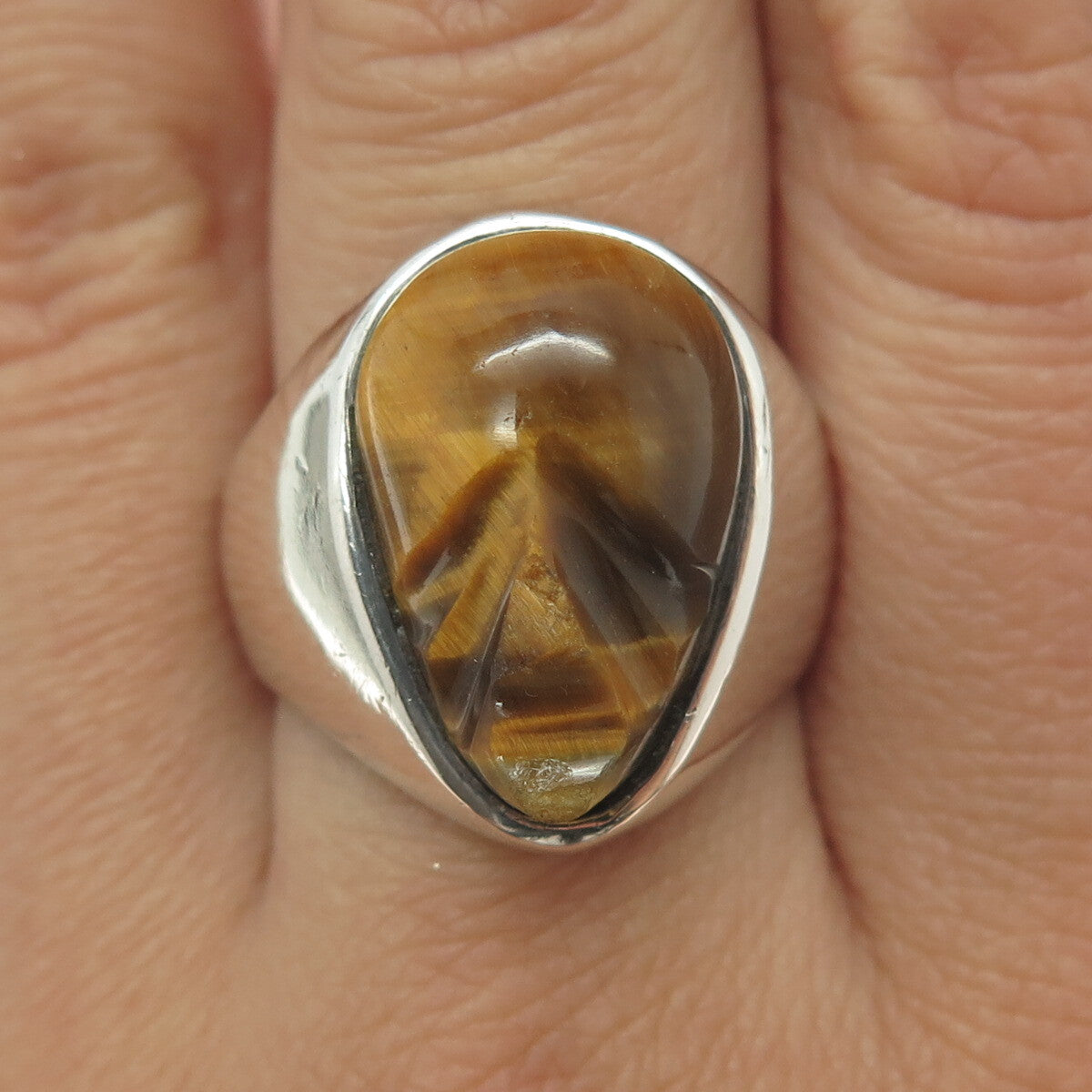 925 Sterling Silver Vintage Mexico Carved Tiger Eye Tribal Face Ring Size 9.75