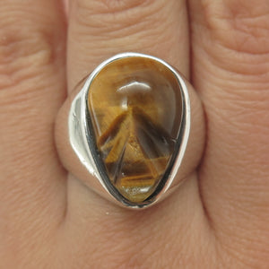 925 Sterling Silver Vintage Mexico Carved Tiger Eye Tribal Face Ring Size 9.75