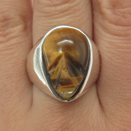 925 Sterling Silver Vintage Mexico Carved Tiger Eye Tribal Face Ring Size 9.75