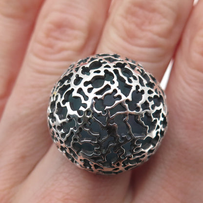 925 Sterling Silver Vintage Modernist Teddy Bear Dome Oxidized Ring Size 8