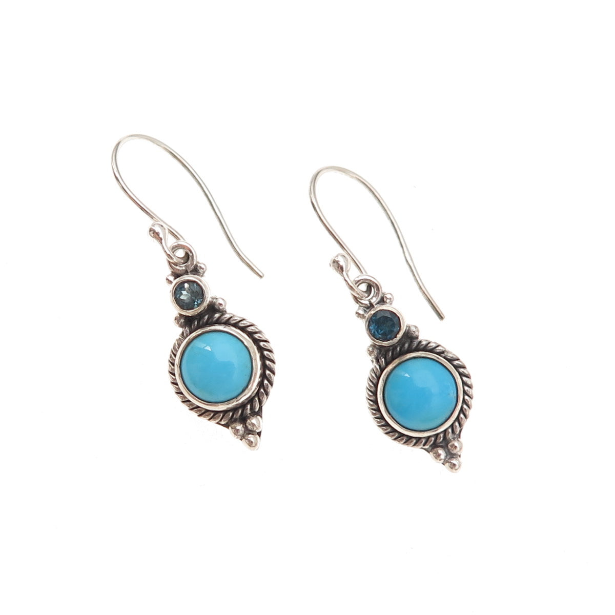 925 Sterling Silver Vintage Real Turquoise & London Blue Topaz Dangle Earrings