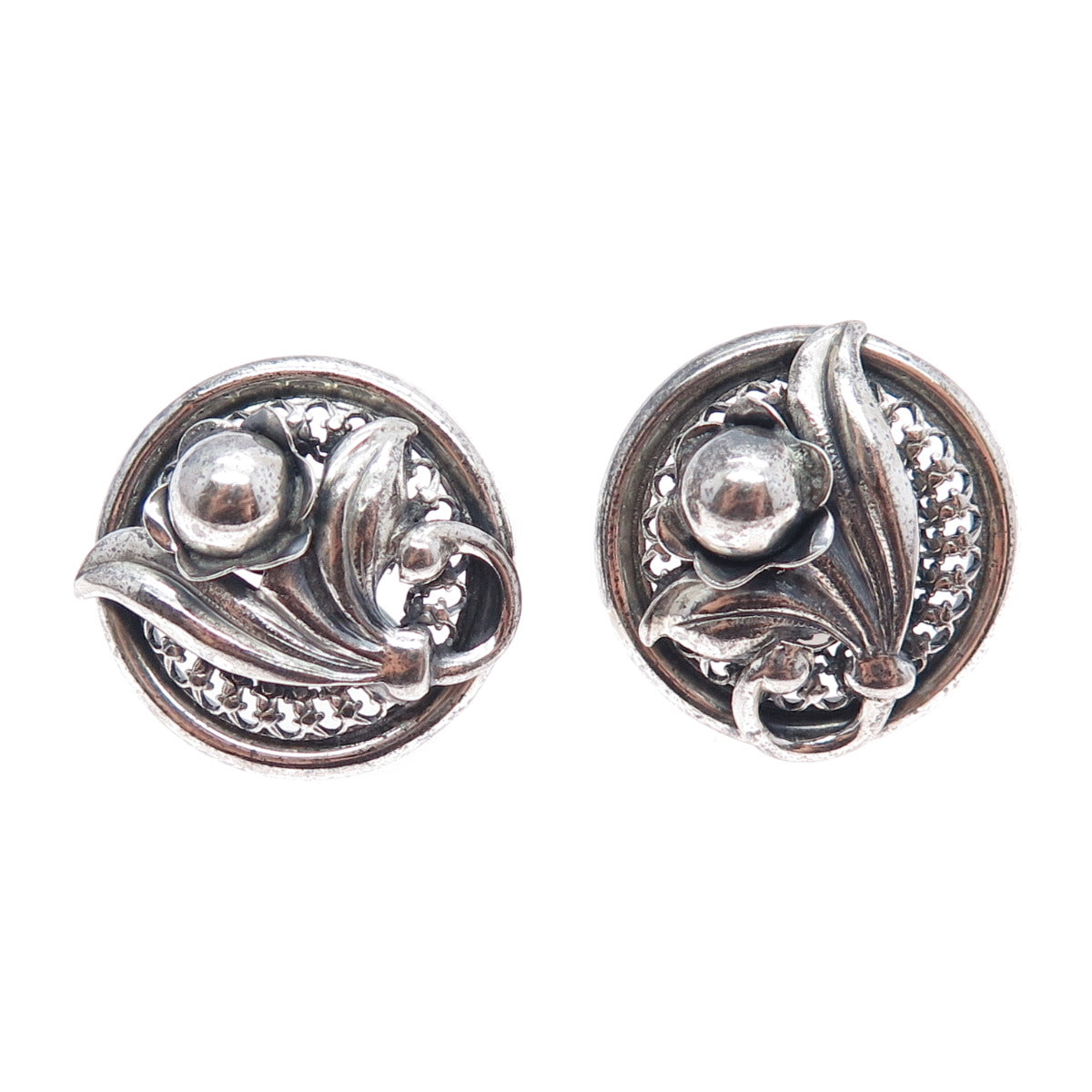 DANECRAFT 925 Sterling Silver Vintage Flower Oxidized Screw Back Earrings
