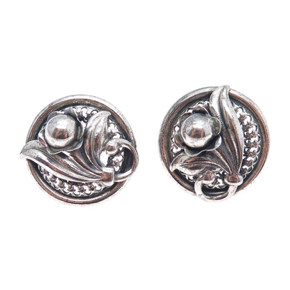 DANECRAFT 925 Sterling Silver Vintage Flower Oxidized Screw Back Earrings