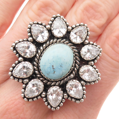 925 Sterling Vintage Real Turquoise & C Z Statement Adjustable Ring Size 7.5
