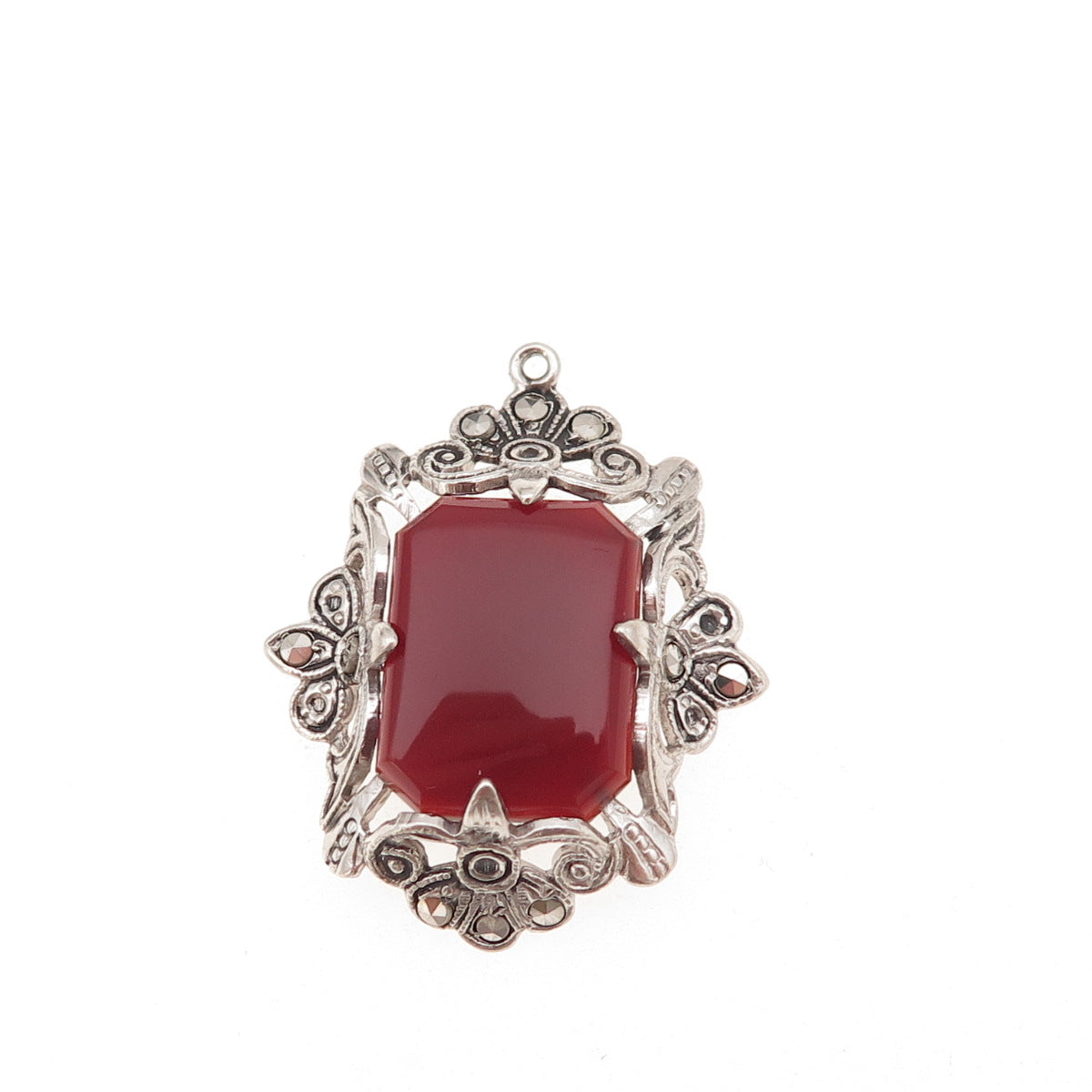 925 Sterling Silver Antique Art Deco Real Carnelian & Marcasite Charm Pendant
