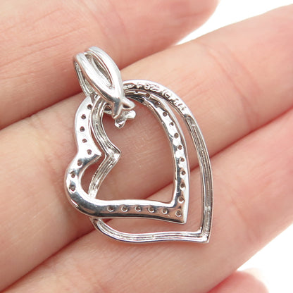 925 Sterling Silver Real Round-Cut Diamond Double Heart Pendant