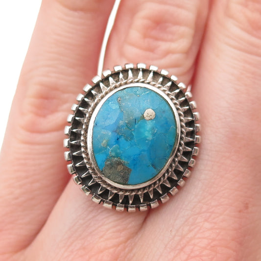 925 Sterling Silver Vintage Real Morenci Turquoise Oxidized Ring Size 6