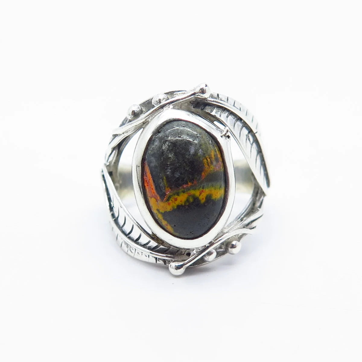 925 Sterling Silver Vintage Real Tiger Iron Gem Leaf Ring Size 6.25