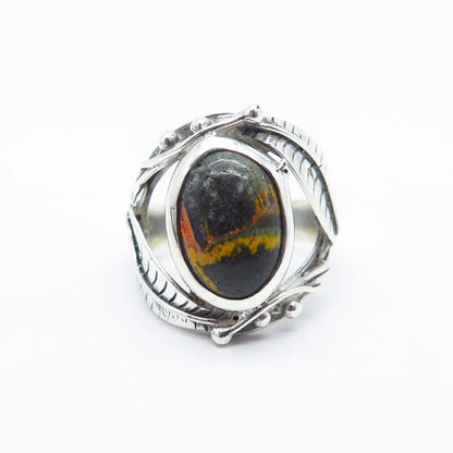925 Sterling Silver Vintage Real Tiger Iron Gem Leaf Ring Size 6.25