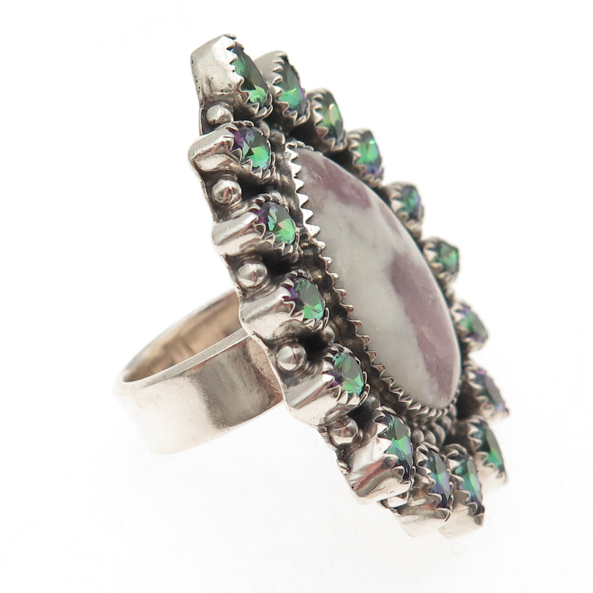 925 Sterling Vintage Real Pink Tourmaline & Mystic Topaz Adjustable Ring Size 8