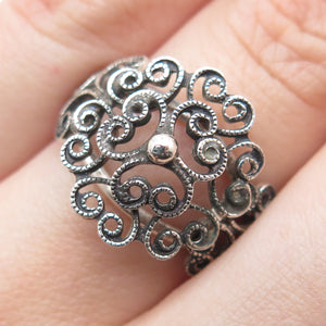 BEAU 925 Sterling Silver Vintage Filigree Flower Adjustable Ring Size 6.75
