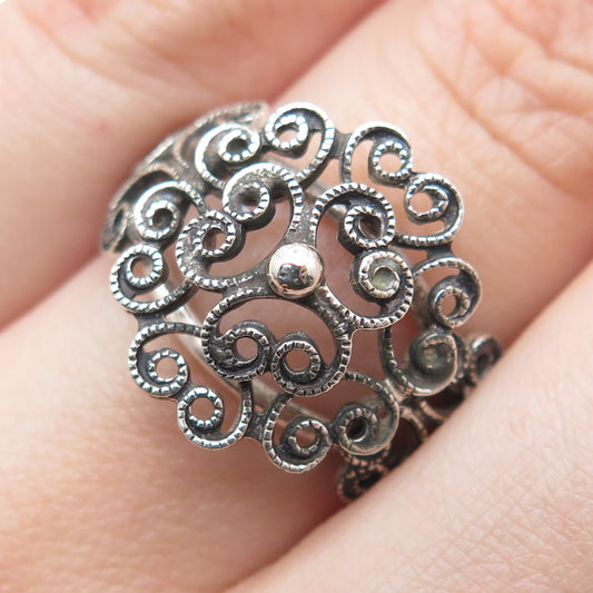 BEAU 925 Sterling Silver Vintage Filigree Flower Adjustable Ring Size 6.75