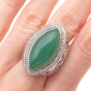 Ken Crafts 925 Sterling Silver Real Green Agate Floral Scroll Ring Size 8.5