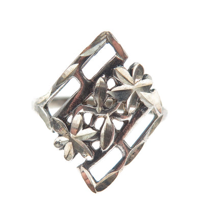 925 Sterling Silver Vintage Diamond-Cut Flower Oxidized Ring Size 6.75