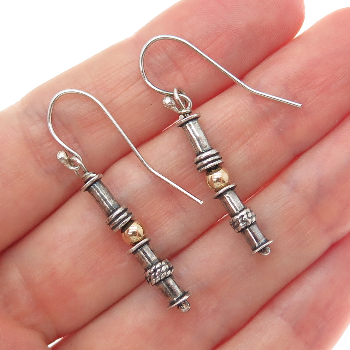 925 Sterling Silver 2-Tone Vintage Modernist Gold Ball Oxidized Dangle Earrings