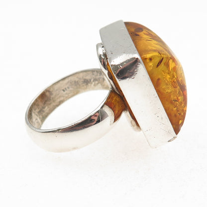 925 Sterling Silver Vintage Real Amber Modernist Ring Size 7.75