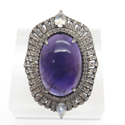 925 Sterling Silver Black Rhodium Vintage Amethyst Moonstone & Topaz Ring Size 7