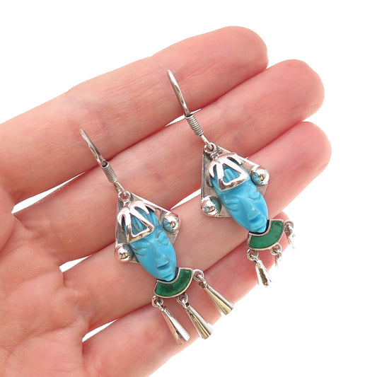 925 Sterling Silver Vintage Mexico Real Turquoise & Malachite Aztec God Earrings